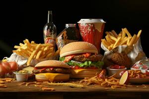 snabb mat restaurang meny. hamburgare, franska pommes frites, kålsallad, kyckling nuggets och sallader på trä- tabell. ai genererad proffs Foto