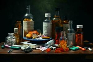 farmaceutisk medicin piller och kapslar på trä- tabell i mörk rum. ai genererad proffs Foto