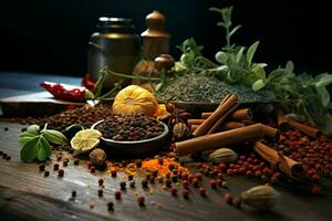 kryddor och örter på de tabell i sammansättning med kök Tillbehör. ai genererad proffs Foto