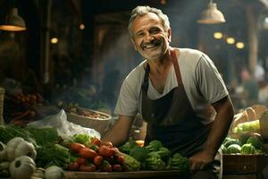 porträtt av en leende man försäljning grönsaker på en matvaror Lagra. ai genererad proffs Foto
