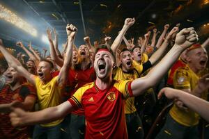 upphetsad belgien fotboll fläktar glädjande för deras team under en spel på stadion. ai genererad proffs Foto