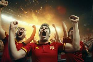 upphetsad belgien fotboll fläktar glädjande för deras team under en spel på stadion. ai genererad proffs Foto