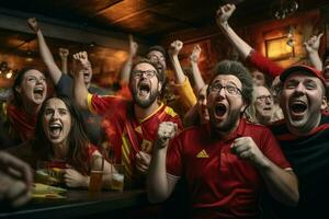 upphetsad belgien fotboll fläktar glädjande för deras team under en spel på stadion. ai genererad proffs Foto