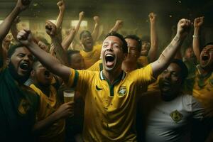 upphetsad Brasilien fotboll fläktar glädjande för deras team under en spel på stadion. ai genererad proffs Foto