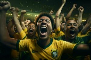 upphetsad Brasilien fotboll fläktar glädjande för deras team under en spel på stadion. ai genererad proffs Foto