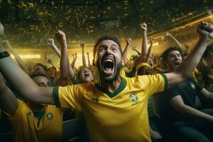 upphetsad Brasilien fotboll fläktar glädjande för deras team under en spel på stadion. ai genererad proffs Foto