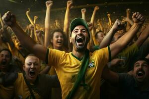 upphetsad Brasilien fotboll fläktar glädjande för deras team under en spel på stadion. ai genererad proffs Foto