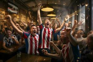 upphetsad kroatien fotboll fläktar glädjande för deras team under en spel på stadion. ai genererad proffs Foto