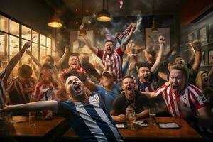 upphetsad kroatien fotboll fläktar glädjande för deras team under en spel på stadion. ai genererad proffs Foto