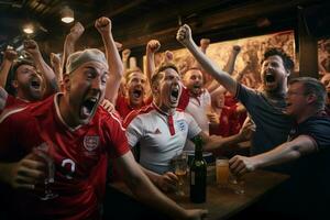 upphetsad England fotboll fläktar glädjande för deras team under en spel på stadion. ai genererad proffs Foto