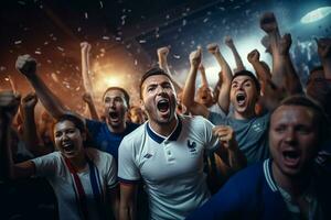 upphetsad Frankrike fotboll fläktar glädjande för deras team under en spel på stadion. ai genererad proffs Foto