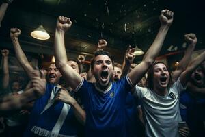 upphetsad Frankrike fotboll fläktar glädjande för deras team under en spel på stadion. ai genererad proffs Foto