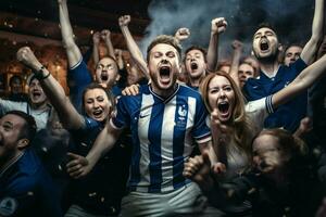 upphetsad Frankrike fotboll fläktar glädjande för deras team under en spel på stadion. ai genererad proffs Foto