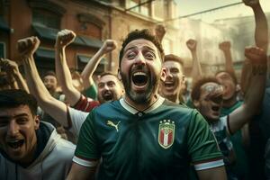 upphetsad Italien fotboll fläktar glädjande för deras team under en spel på stadion. ai genererad proffs Foto