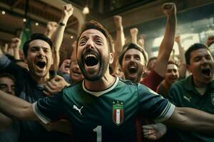 upphetsad Italien fotboll fläktar glädjande för deras team under en spel på stadion. ai genererad proffs Foto