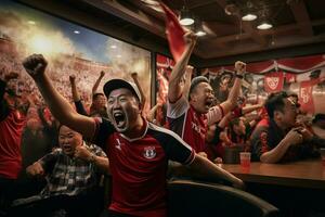 upphetsad japan fotboll fläktar glädjande för deras team under en spel på stadion. ai genererad proffs Foto