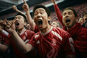 upphetsad japan fotboll fläktar glädjande för deras team under en spel på stadion. ai genererad proffs Foto