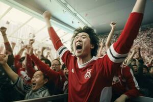 upphetsad japan fotboll fläktar glädjande för deras team under en spel på stadion. ai genererad proffs Foto