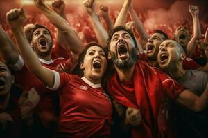 upphetsad marocko fotboll fläktar glädjande för deras team under en spel på stadion. ai genererad proffs Foto