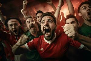 upphetsad marocko fotboll fläktar glädjande för deras team under en spel på stadion. ai genererad proffs Foto
