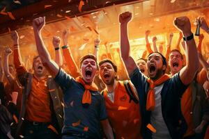 upphetsad nederländerna fotboll fläktar glädjande för deras team under en spel på stadion. ai genererad proffs Foto