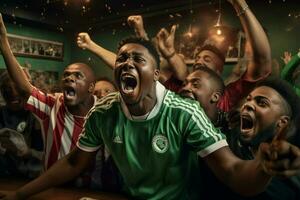 upphetsad nigeria fotboll fläktar glädjande för deras team under en spel på stadion. ai genererad proffs Foto