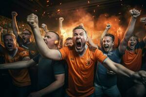 upphetsad nederländerna fotboll fläktar glädjande för deras team under en spel på stadion. ai genererad proffs Foto