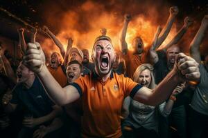 upphetsad nederländerna fotboll fläktar glädjande för deras team under en spel på stadion. ai genererad proffs Foto