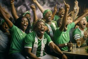 upphetsad nigeria fotboll fläktar glädjande för deras team under en spel på stadion. ai genererad proffs Foto