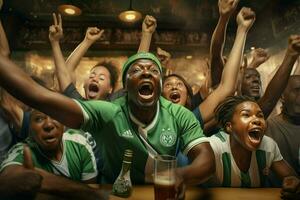 upphetsad nigeria fotboll fläktar glädjande för deras team under en spel på stadion. ai genererad proffs Foto