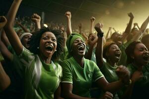 upphetsad nigeria fotboll fläktar glädjande för deras team under en spel på stadion. ai genererad proffs Foto