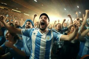 upphetsad argentina fotboll fläktar glädjande för deras team under en spel på stadion. ai genererad proffs Foto