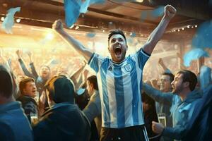 upphetsad argentina fotboll fläktar glädjande för deras team under en spel på stadion. ai genererad proffs Foto