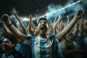 upphetsad argentina fotboll fläktar glädjande för deras team under en spel på stadion. ai genererad proffs Foto