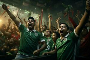 upphetsad bangladesh fotboll fläktar glädjande för deras team under en spel på stadion. ai genererad proffs Foto