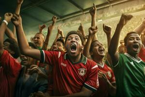 upphetsad bangladesh fotboll fläktar glädjande för deras team under en spel på stadion. ai genererad proffs Foto