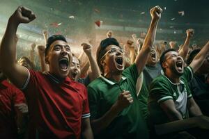 upphetsad bangladesh fotboll fläktar glädjande för deras team under en spel på stadion. ai genererad proffs Foto