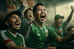 upphetsad bangladesh fotboll fläktar glädjande för deras team under en spel på stadion. ai genererad proffs Foto