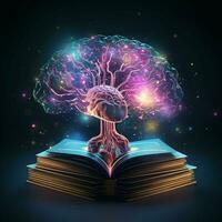 öppen bok med lysande hjärna träd på mörk bakgrund. ai genererad proffs Foto