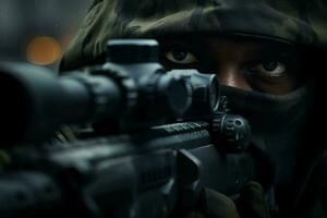 närbild av en soldat med överfall gevär. selektiv fokus. ai genererad proffs Foto