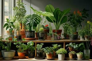 växthus interiör med växter på de fönsterkarm och årgång fåtölj. ai genererad proffs Foto