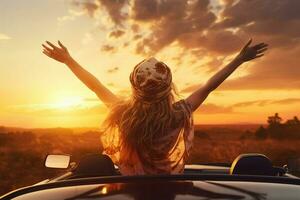 Lycklig ung kvinna med vapen utsträckt stående i konvertibel bil på solnedgång. ai genererad proffs Foto