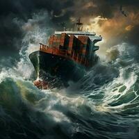 frakt fartyg i stormig hav. 3d framställa illustration. ai genererad proffs Foto