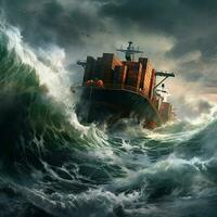 frakt fartyg i stormig hav. 3d framställa illustration. ai genererad proffs Foto