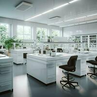 3d framställa av modern labb interiör med glas och vetenskap Utrustning. ai genererad proffs Foto