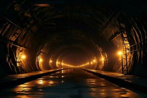 underjordisk tunnel med lampor på natt. lång exponering. lång exponering. ai genererad proffs Foto