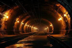 underjordisk tunnel med lampor på natt. lång exponering. lång exponering. ai genererad proffs Foto