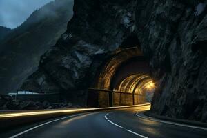 underjordisk tunnel med lampor på natt. lång exponering. lång exponering. ai genererad proffs Foto