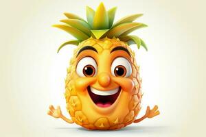 3d illustration av ananas tecknad serie karaktär med Lycklig uttryck på vit bakgrund. ai genererad proffs Foto