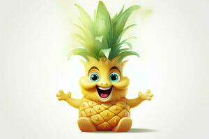 3d illustration av ananas tecknad serie karaktär med Lycklig uttryck på vit bakgrund. ai genererad proffs Foto